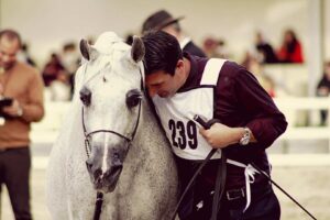 Em ambiente de competição, homem apoia cabeça junto à do cavalo em gesto de harmonia e parceria. Rotina de treino.