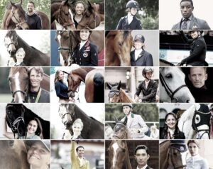 Uma série de pequenas fotos de cavaleiros e amazonas postadas lado a lado preenchendo um painel com campeões do Hipismo